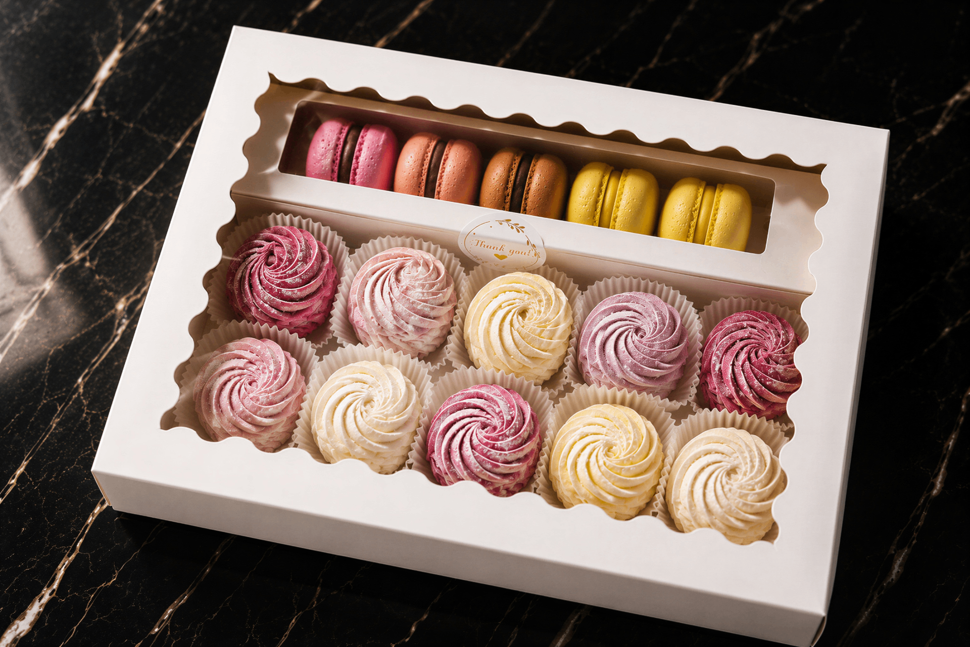 Mixed box of assorted French macarons and fruit-whipped zefir
