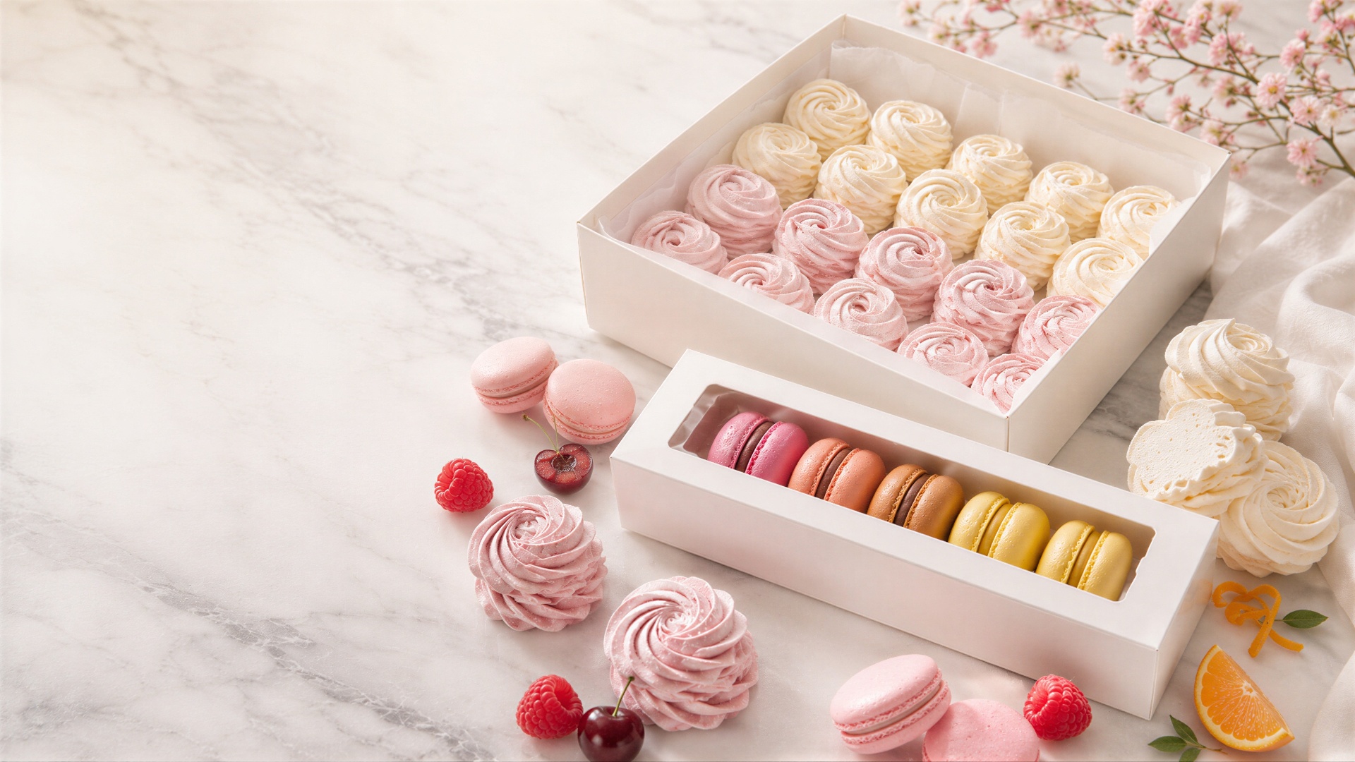 Handcrafted macarons and fruit-whipped zefir on a light marble table.
