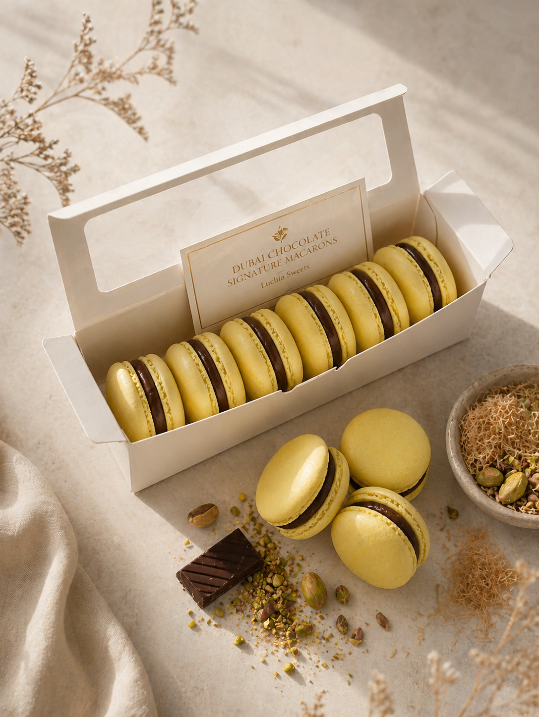 Signature Dubai Chocolate macarons with pistachios on dark marble